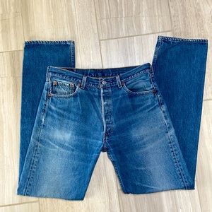 Vintage 90s Levi’s 501 Button Fly Denim Blue Jeans Distressed 1990s 90’s 1990’s